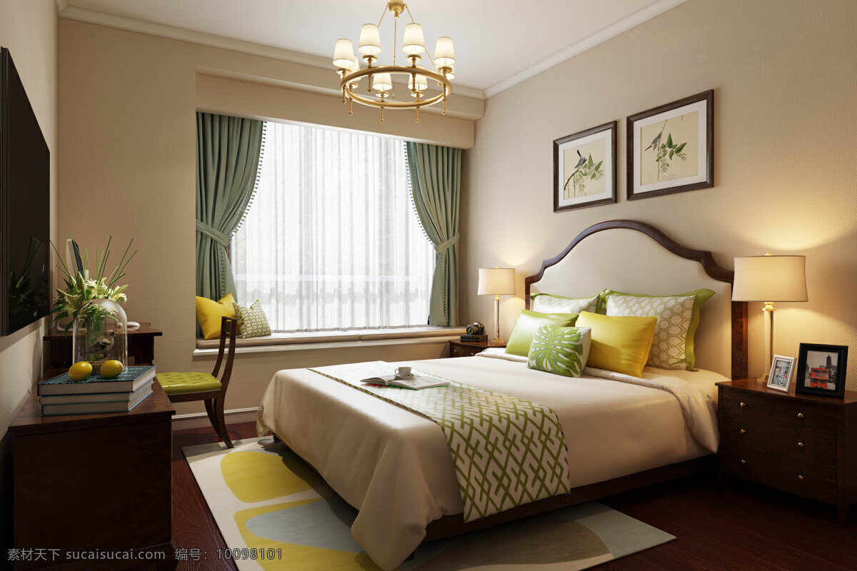 美式 清新 时尚 卧室 黄色 花纹 地毯 室内装修 图 木地板 卧室装修 暖色调 白色吊灯