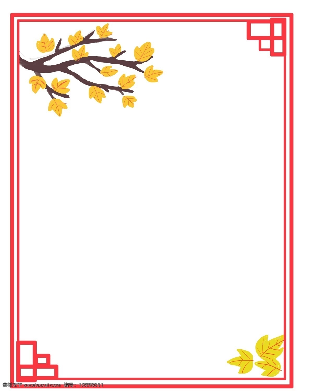 冬天 里 带 叶子 树枝 画面 主体 左上角 枝条 右下角 落叶 组成 上 黄色 树叶 看出 红色 叶脉 条 落 满 白色 雪花 寓意是冬天
