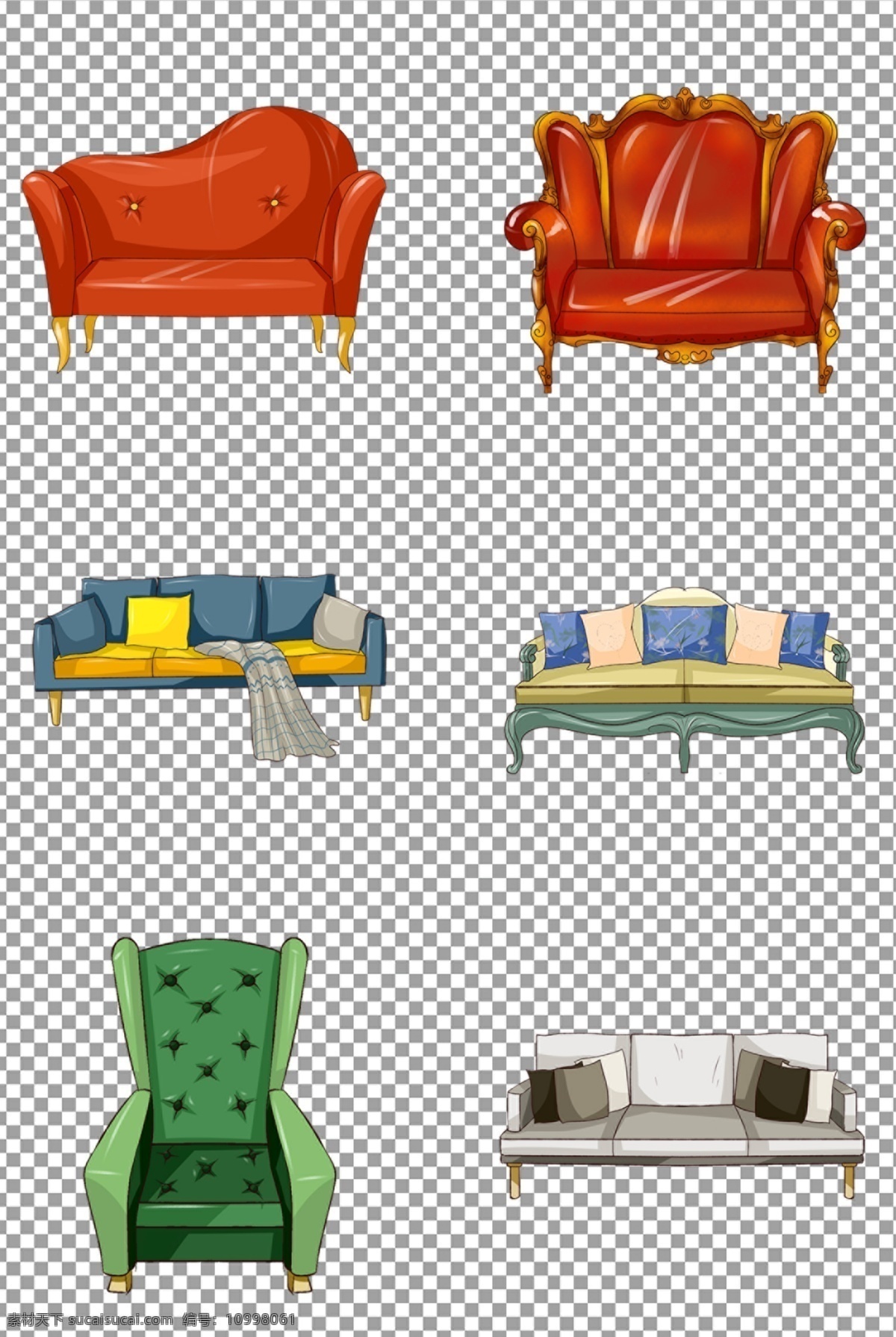 欧式 简约 沙发 手绘 家具 绿色 棕色 组合 免抠 无背景 免抠图 抠图 元素 透明 通道 png免抠图 分层