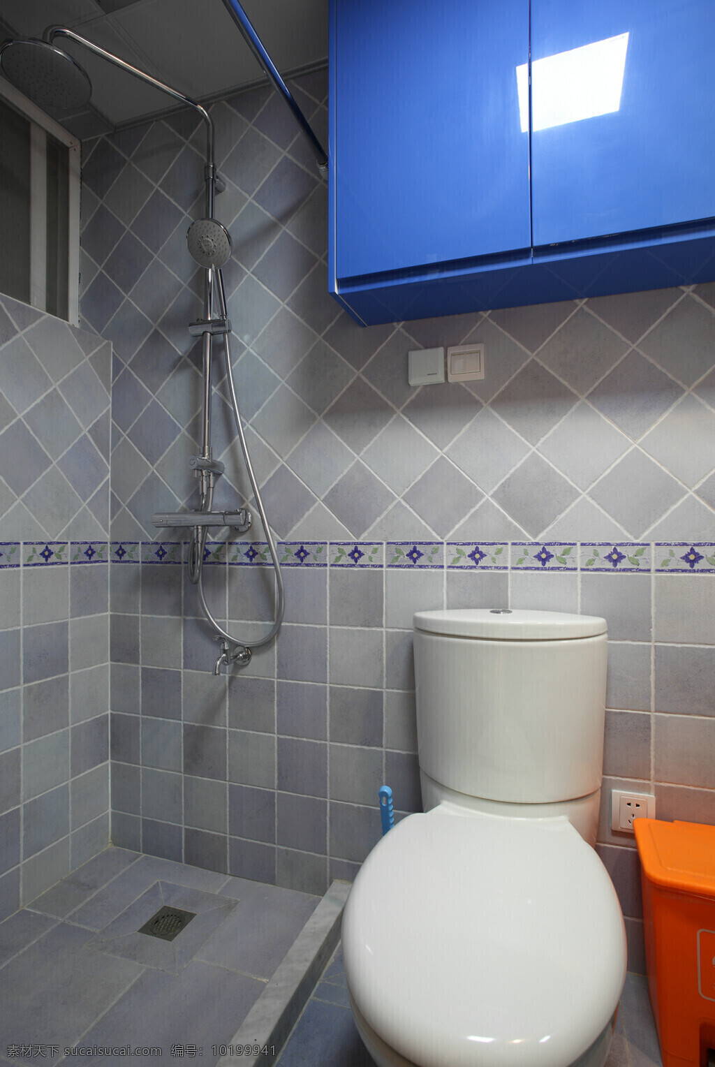 清新 简约 浴室 灰白 格子 背景 墙 室内装修 效果图 浴室装修 灰色 蓝色柜子 卫生间装修