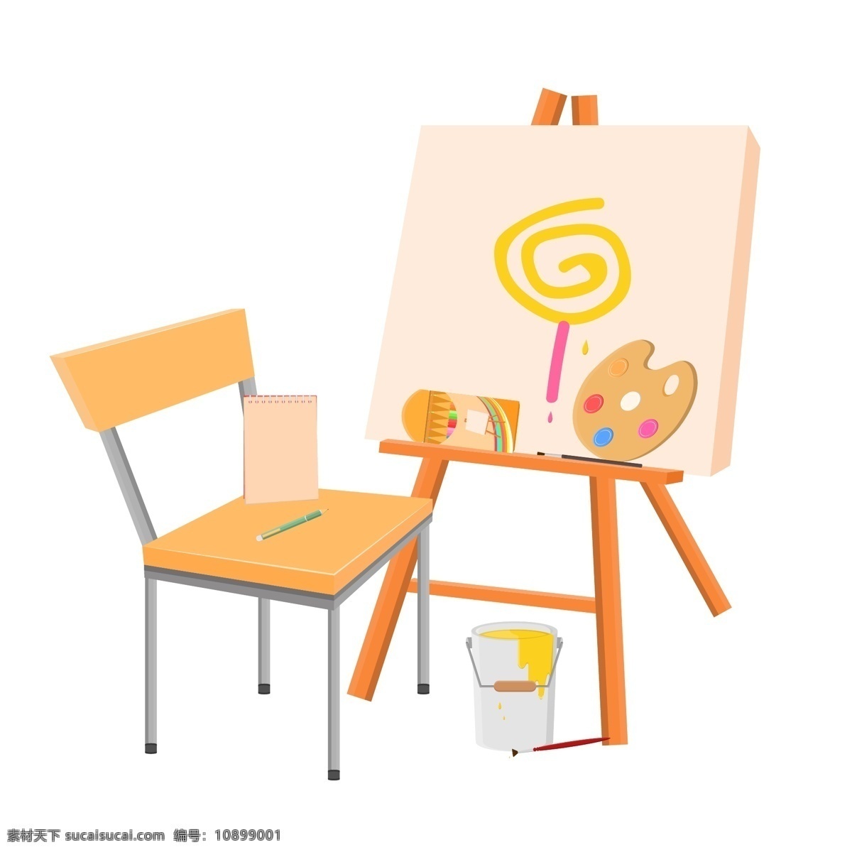 手绘 矢量 美术 画画 东西 画架 椅子 调色盘 画笔 水桶 本子 铅笔 彩铅 笔刷 美术生