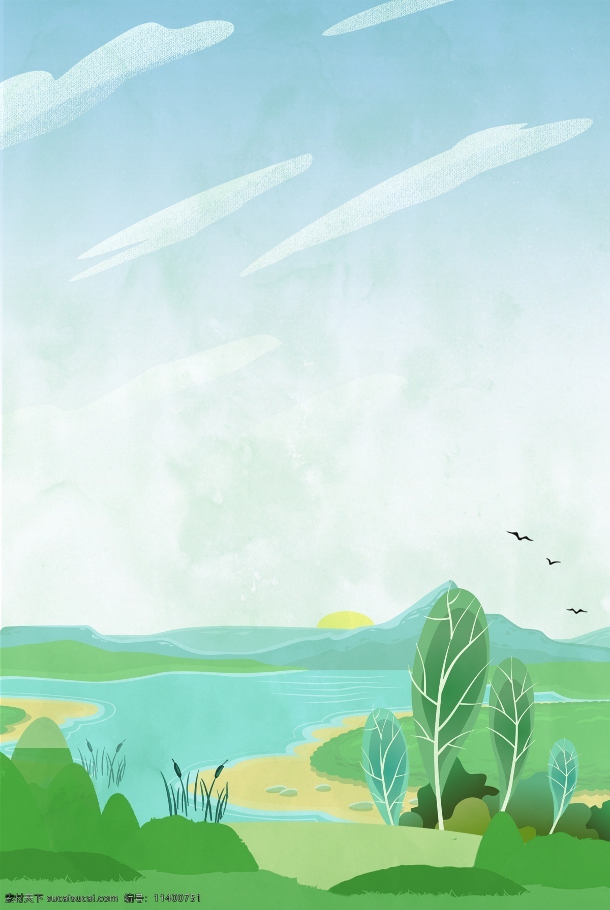 卡通 绿色 湿地 公园 背景 海报 环境保护 矢量 简约 白鹭 河塘 芦苇