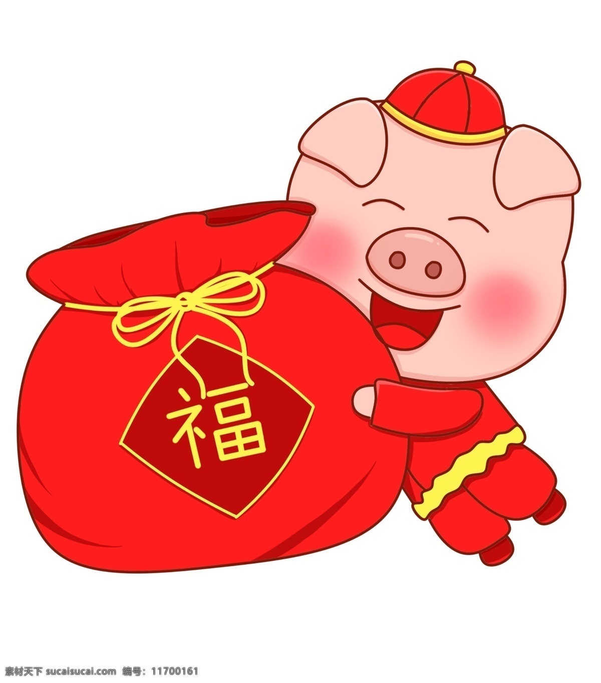 猪年 新年 2019 农历 金 猪 福 袋 红色 喜气 卡通 免 扣 农历新年 金猪 福袋 福气 喜气洋洋 手绘 免扣