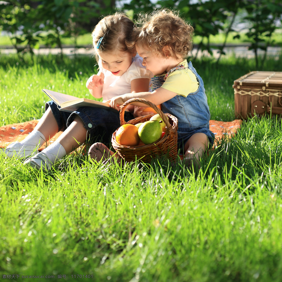 草坪 上 看书 小伙伴 朋友 儿童幼儿 书本 水果 竹篮 儿童图片 人物图片