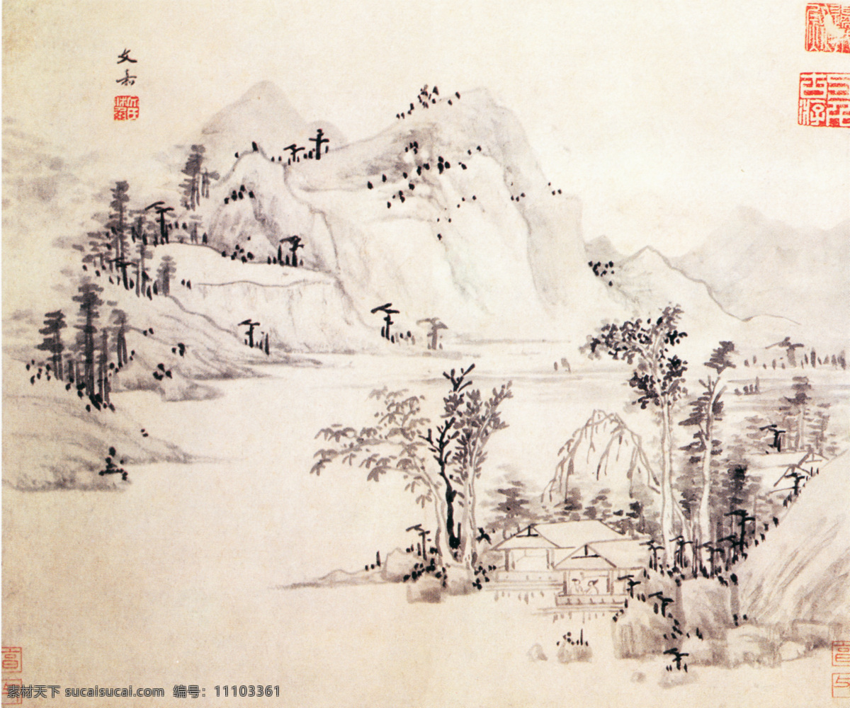 山水花卉图 山水画 国画 水墨画 水墨山水画 工笔山水画 写意山水画 中国山水画 山水国画 山水风景 风景画 仿古画 古画 文化艺术 绘画书法