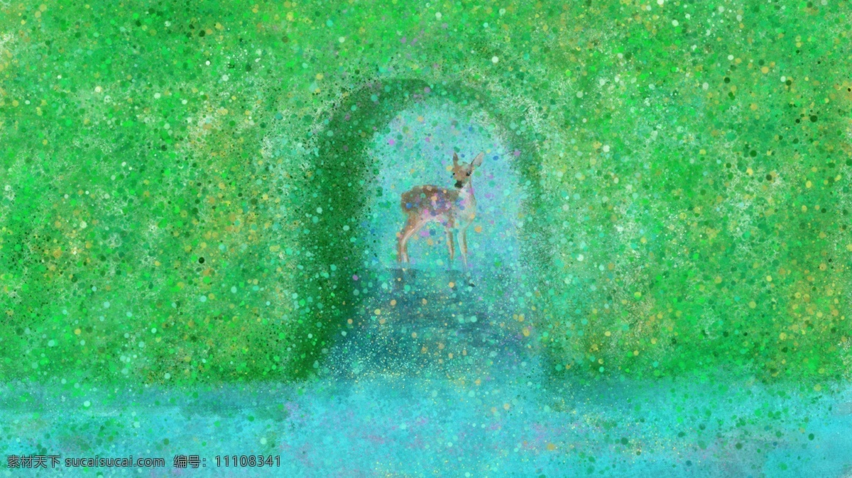 林 深见 鹿 夏 原创 插画 叶子 绿色 壁纸 清新 夏日 树林 深处 树木 花 配图 林深