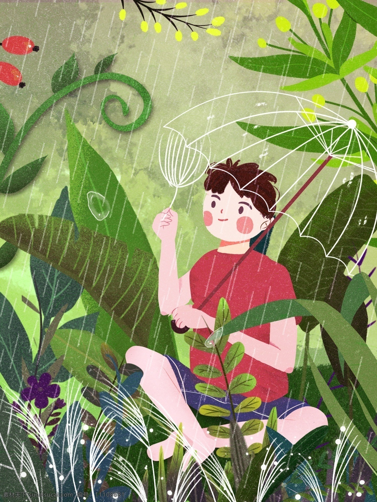 绿色 原创 二十四节气 谷雨 节日 卡通 插画 背景 绿色背景 节气 虚实相生 男孩