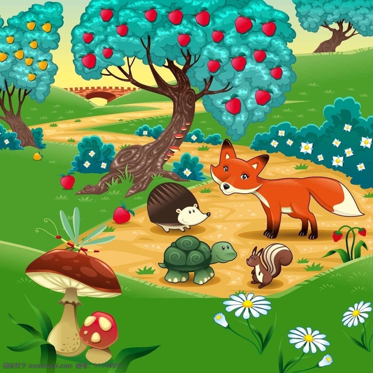 丰收图片 卡通场景 刺猬 乌龟 松鼠 蘑菇 苹果树 狐狸 卡通动物 小白花 草莓 卡通设计