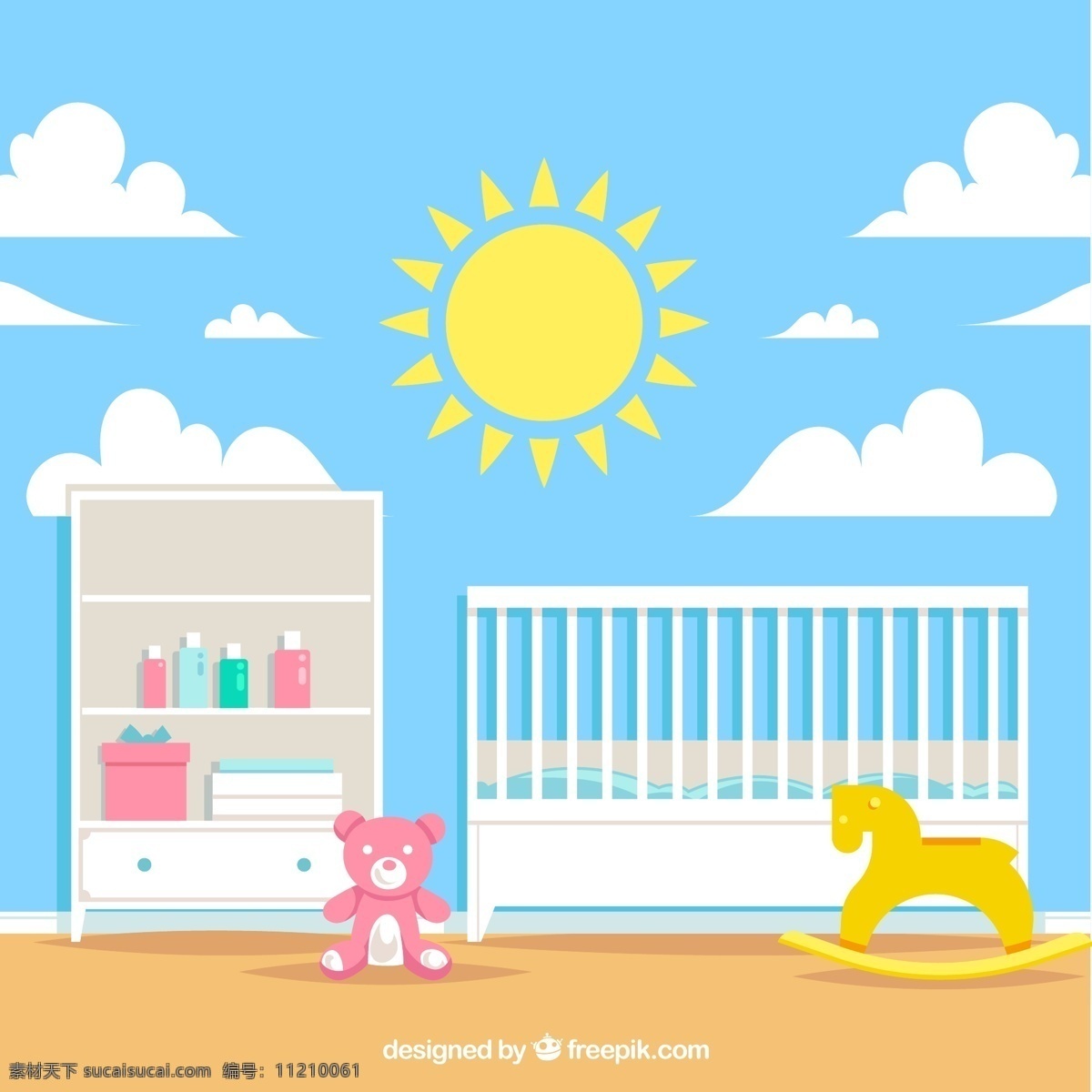 可爱 白色 家具 婴儿 房 婴儿房 玩具熊 木马 太阳 背景边框 动漫动画 风景漫画