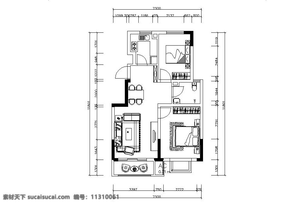 天津 中建 幸福 城 平面 布置图 平面图 cad 两室两厅 阳台 飘窗 天津中建 幸福城