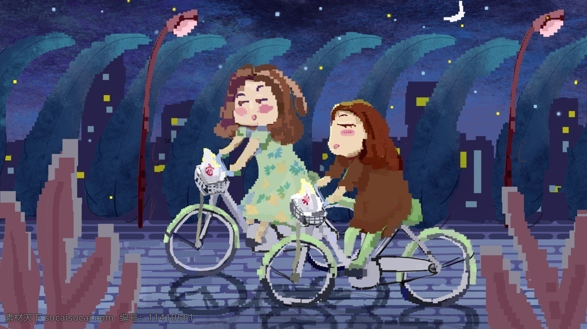 80s 复古 像素 插画 闺 蜜 骑 自行车 城市 健身 星空 闺蜜 夜晚