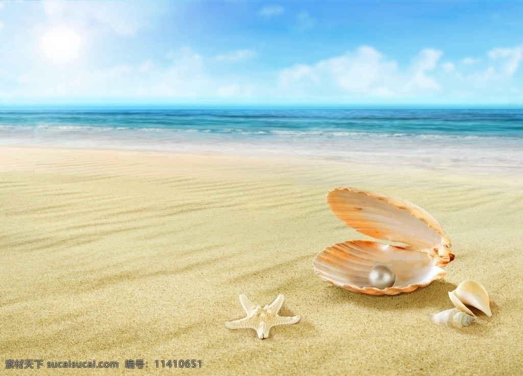 蓝天 下 贝壳 珍珠 白云 海星 海螺 自然景观 自然风景