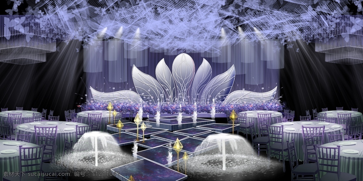 室内 紫色 婚礼 效果图 花瓣 吊顶 t台 喷泉 蜡烛 舞台 梦幻 浪漫 分层