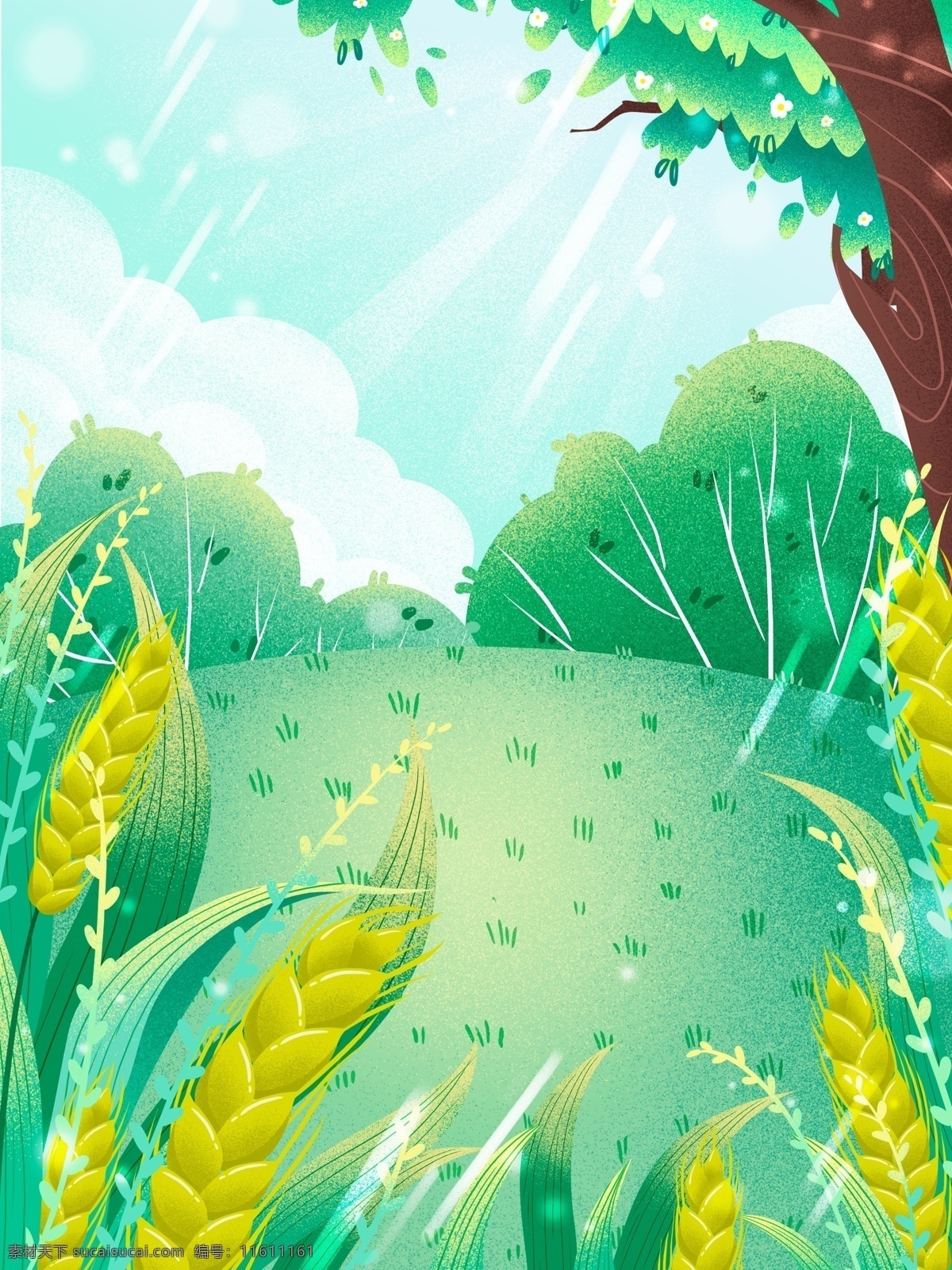 小满 节气 麦穗 背景 大树 麦穗背景 小麦 绿色背景 二十四节气 小满背景 背景设计 手绘背景 背景展板 促销背景 背景展板图