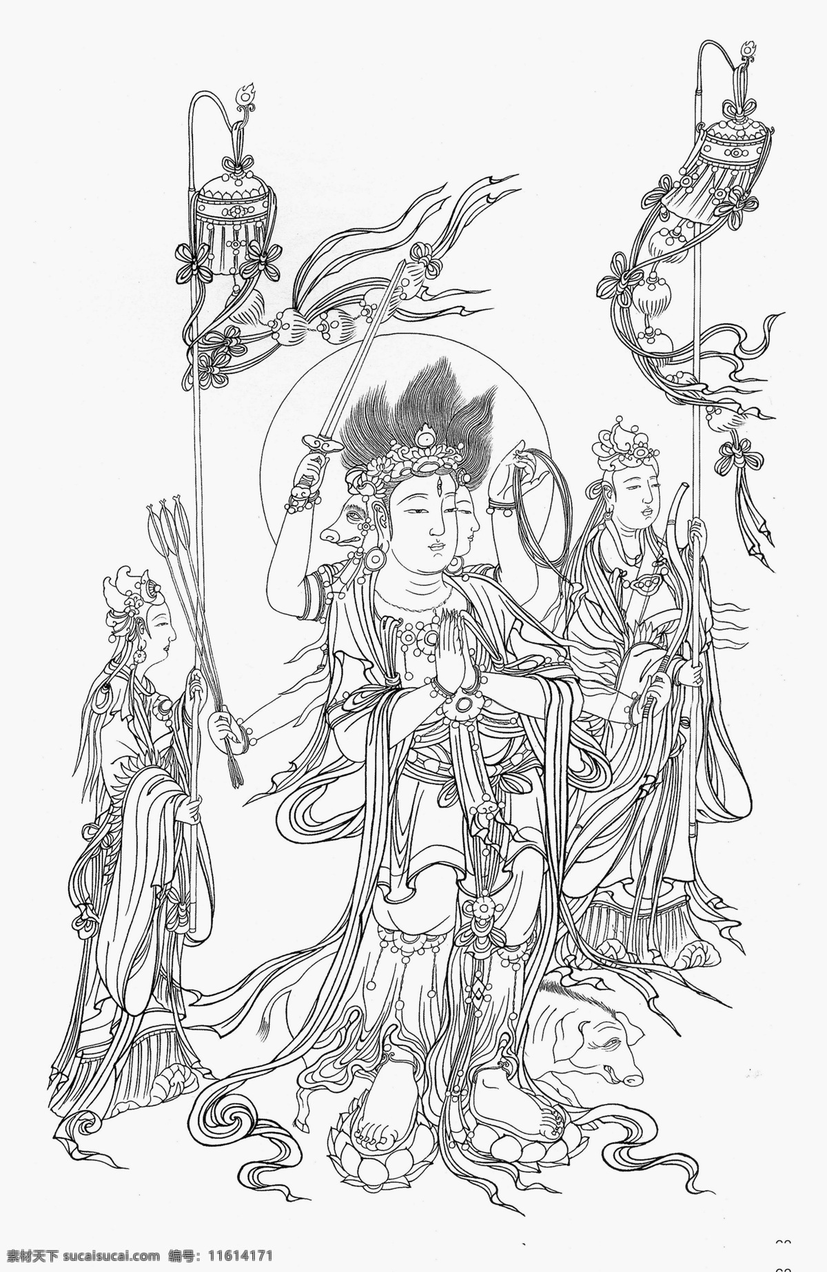 宝林寺佛像 宗教 佛教 佛祖 神仙 仙女 女神 头饰 凤冠 簪花 耳坠 项链 手镯 玉佩 珠宝 飘带 长裙 赤脚 侍女 法器 莲台 古典 国画 工笔 白描 线描 传统 装饰 民族风 中国元素 白描大图 绘画书法 文化艺术