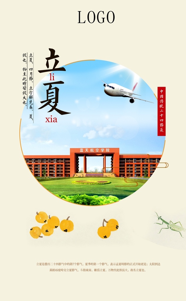 二十四节气 立夏 飞机 蓝天航空学院 黄皮果 米黄色背景 螳螂 夏天 文化艺术 节日庆祝