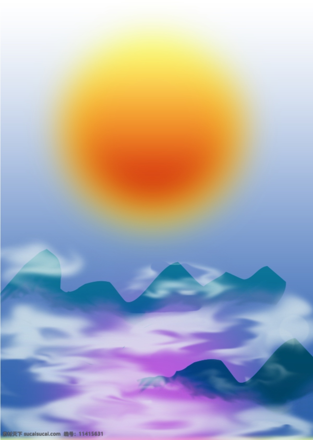 风景 插画 海报 背景 太阳 山水 风景插画 卡通 光芒 山 雾