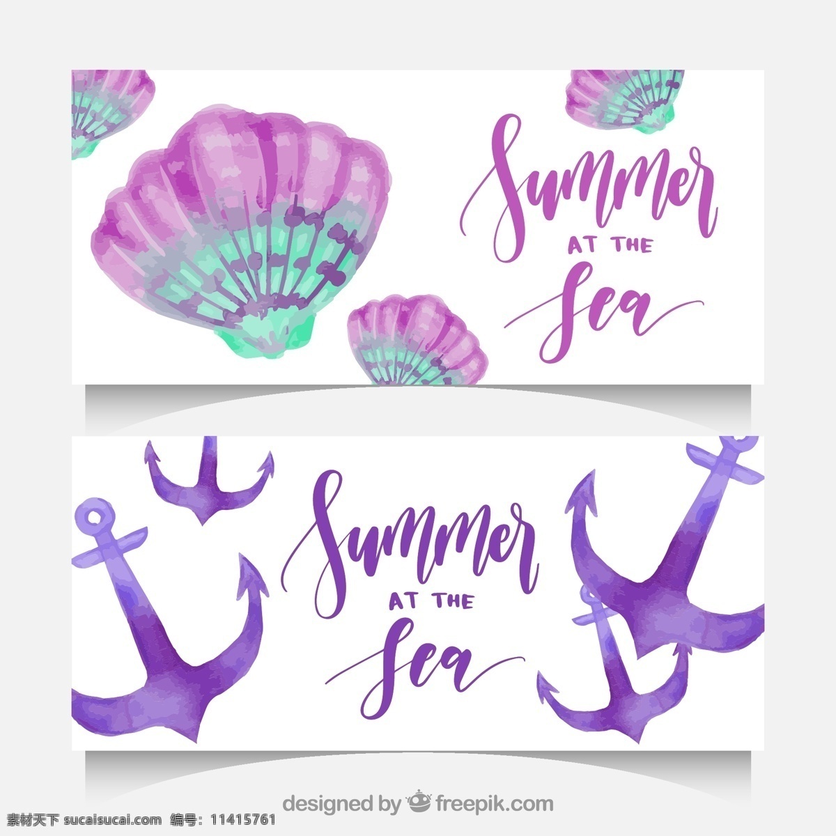 大 夏天 旗帜 水彩 风格 贝壳 锚 海 横幅 颜色 度假 装饰 季节 贝类 色 夏季 季节性