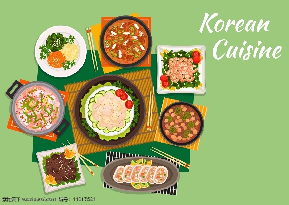 韩国 食品 矢量 元素 餐厅 韩国料理 绿色背景 泡菜