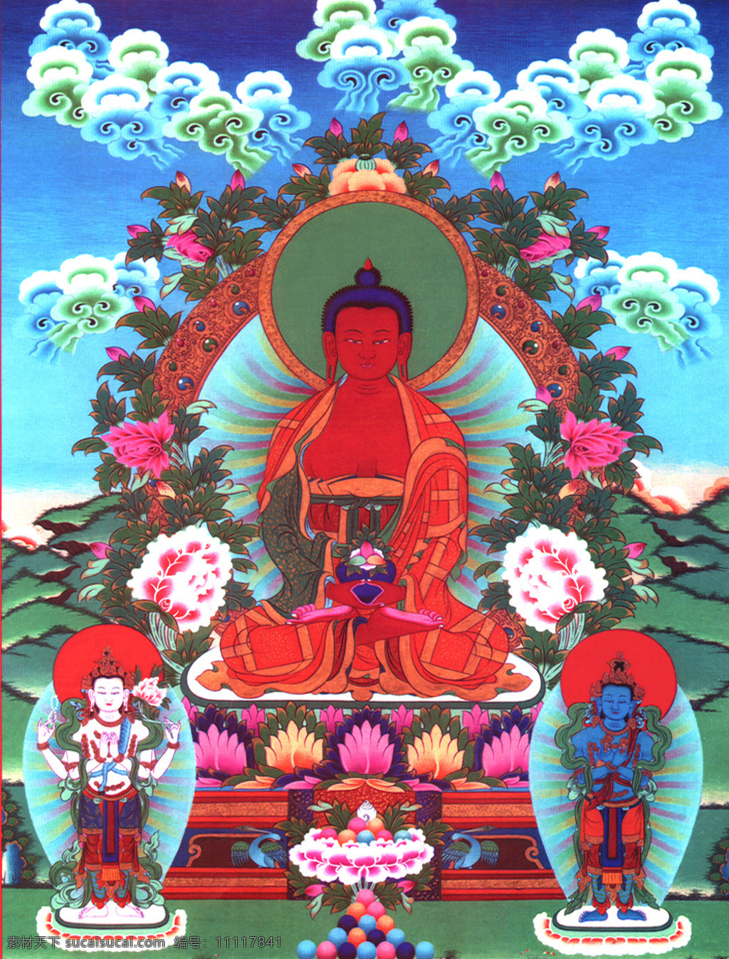 西方三圣 阿弥陀佛 无量寿佛 西方极乐世界 三圣图 唐卡 藏传佛教 宗教信仰 文化艺术