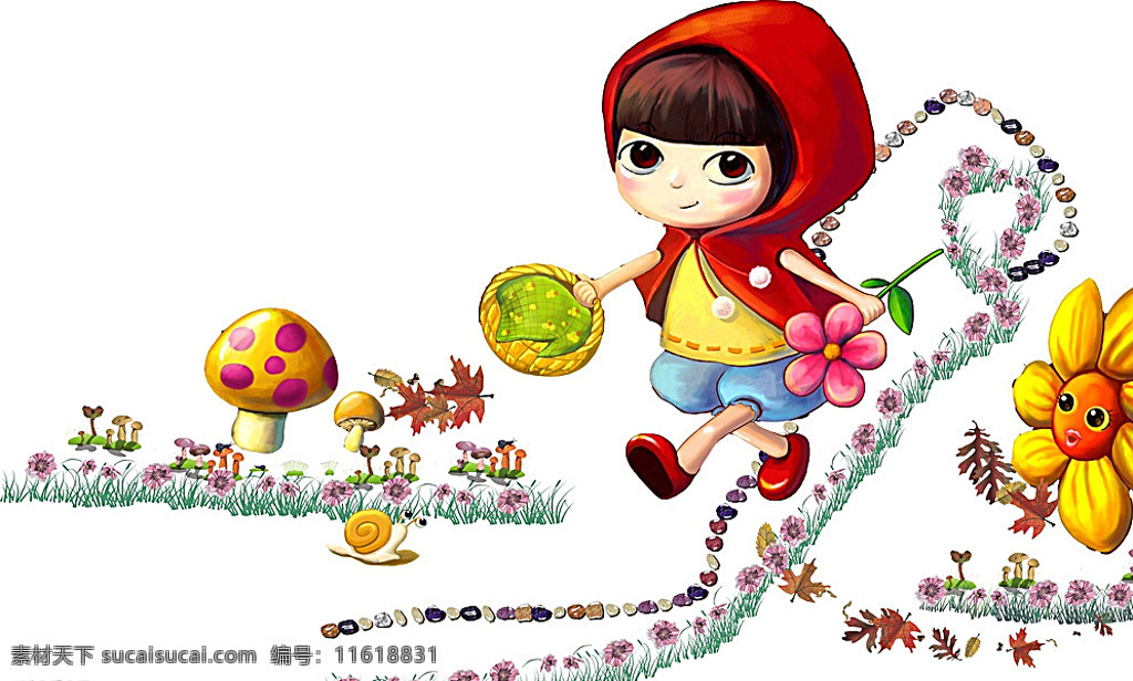 小红帽 小女孩 小蜗牛 向日葵 小花 小蘑菇 动漫动画 动漫人物 白色