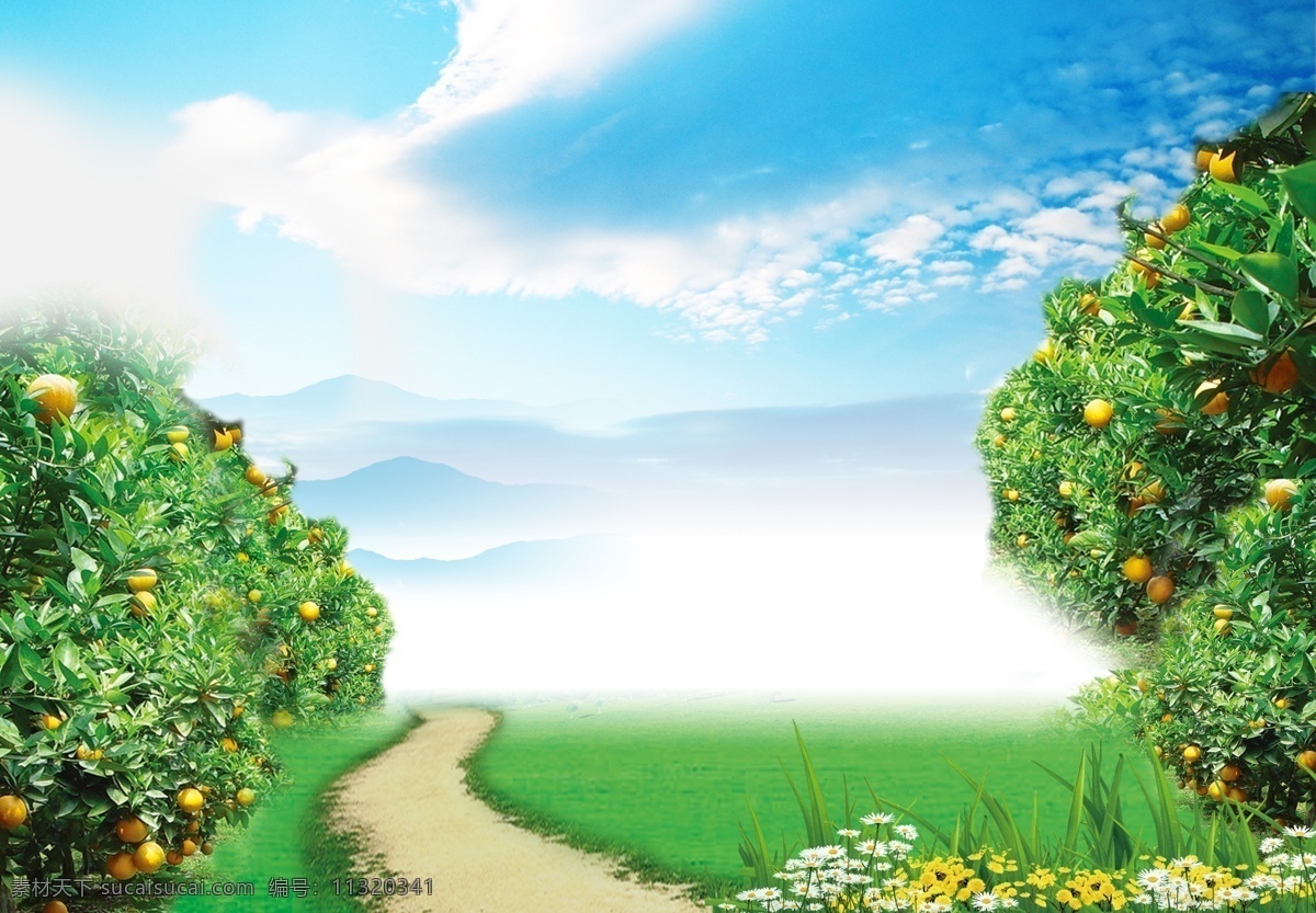 唯美果园 果园 果树 蓝天白云 小径 绿色 自然 美丽风景 苹果园 唯美海报背景 绿色背景 广告海报 分层 源文件