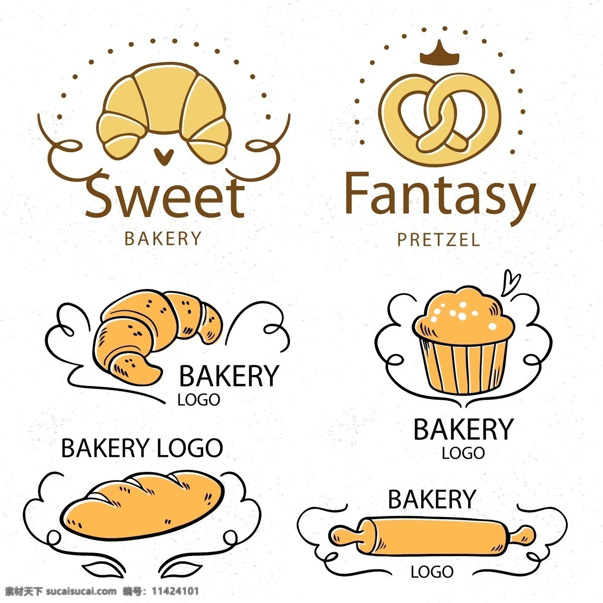 手绘 面包店 标志 矢量 面包 蛋糕 甜点 矢量素材 牛角包 擀面杖 咖啡店 食品标志