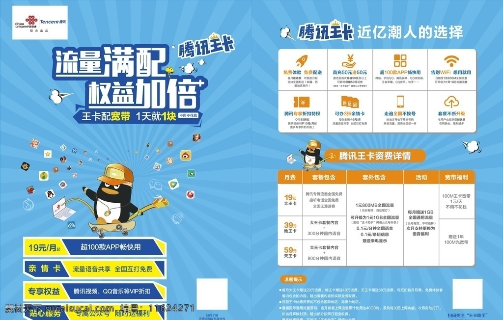 腾讯王卡单页 联通 标志 吊旗 卡通人物 流量满配 权益加倍 企鹅 流量 全家用 资费 光宽带 免费送 放心用 冰淇淋 应用 单页 海报 联通宣传