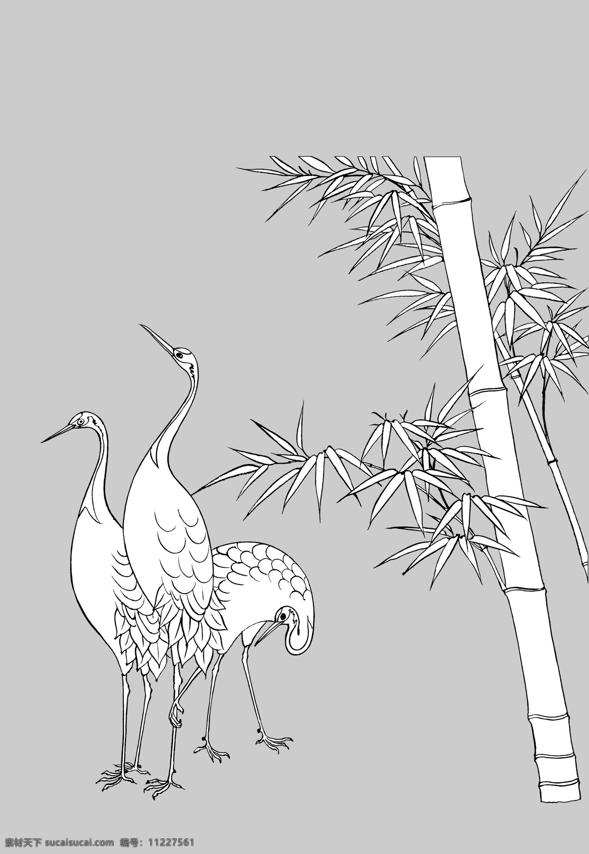 竹 鹤 花草 矢量图库 线描 自然景观 竹和鹤 线描花鸟 日常生活