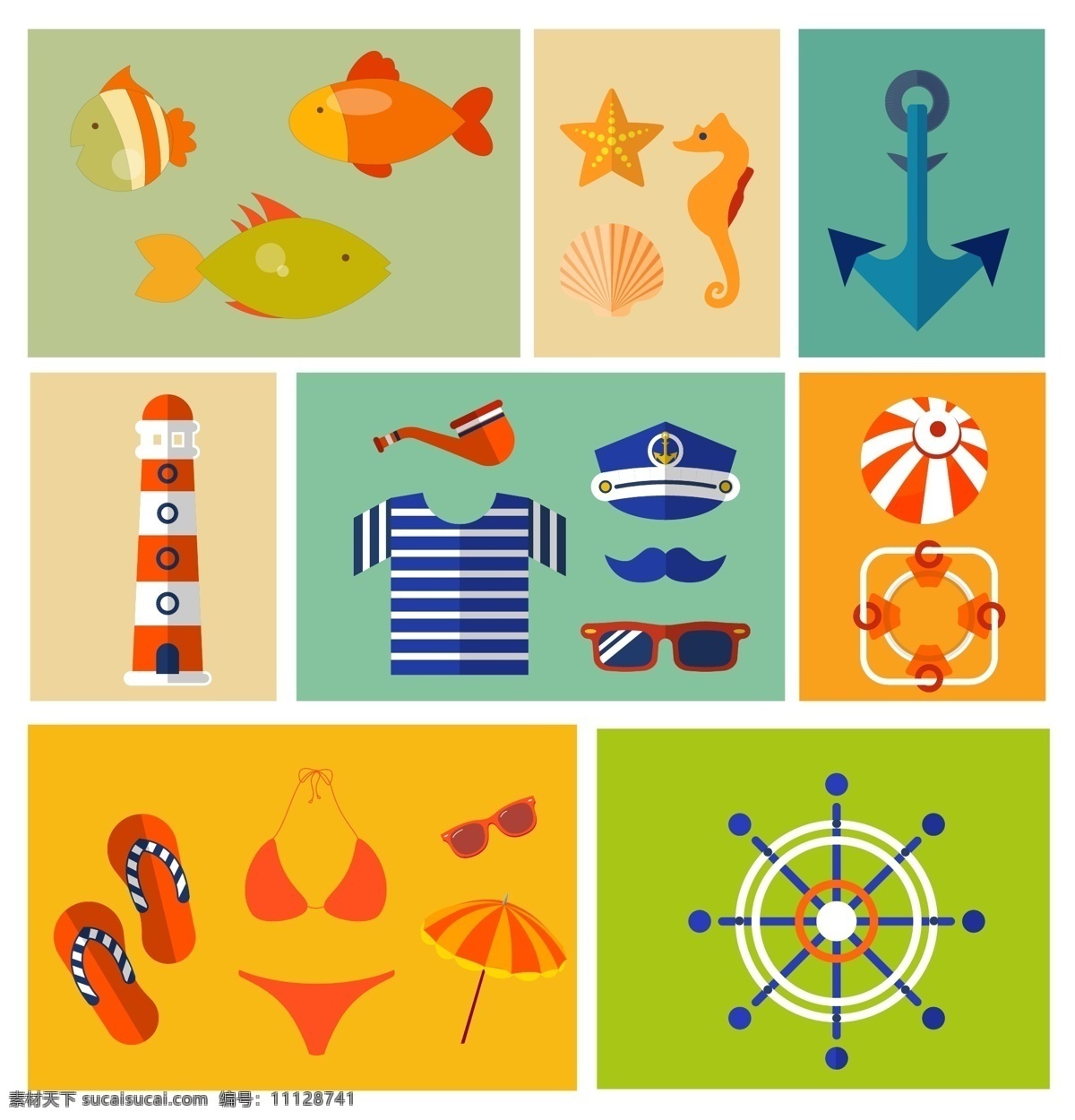 度假 海边 图标 集合 度假图标 旅游 矢量素材 鱼 海马 泳衣