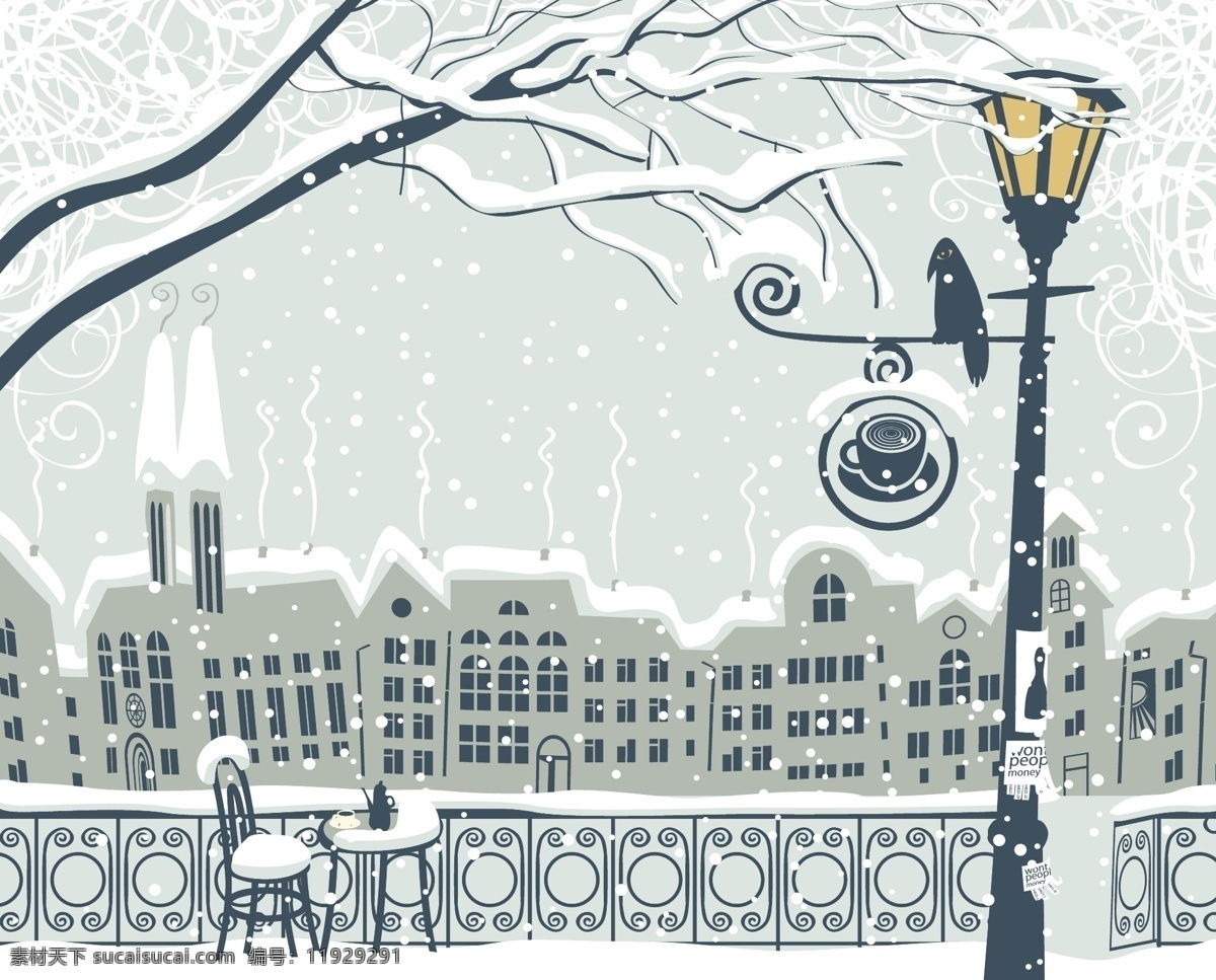 雪 中城 市 风景 插画 休闲 冬天 下雪 雪中 城市 路灯 建筑 房子