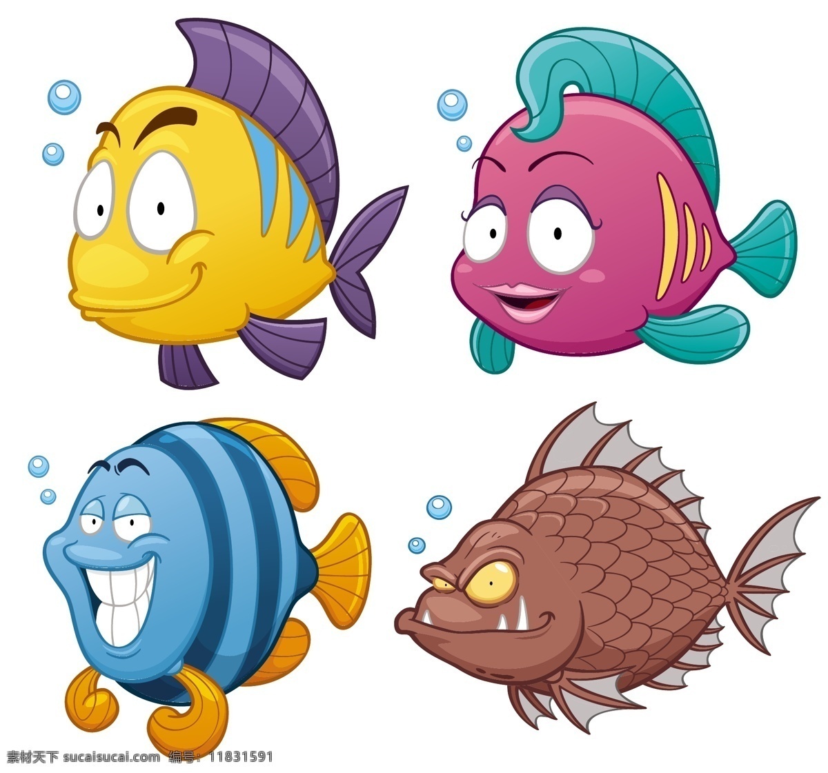海洋鱼类插画 卡通鱼 食人鱼 卡通动物漫画 动物插画 动物插图 卡通形象 卡通 动物 漫画动物 平面素材