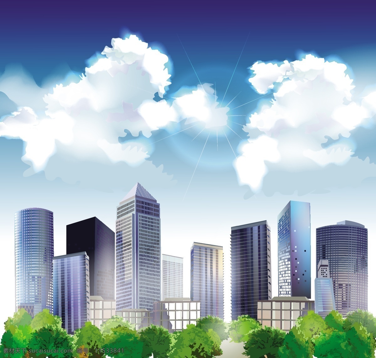 现代 城市 插图 矢量 图 城市插图 都市 高楼大厦 蓝天白云 矢量素材 树丛 现代建筑 矢量图 建筑家居