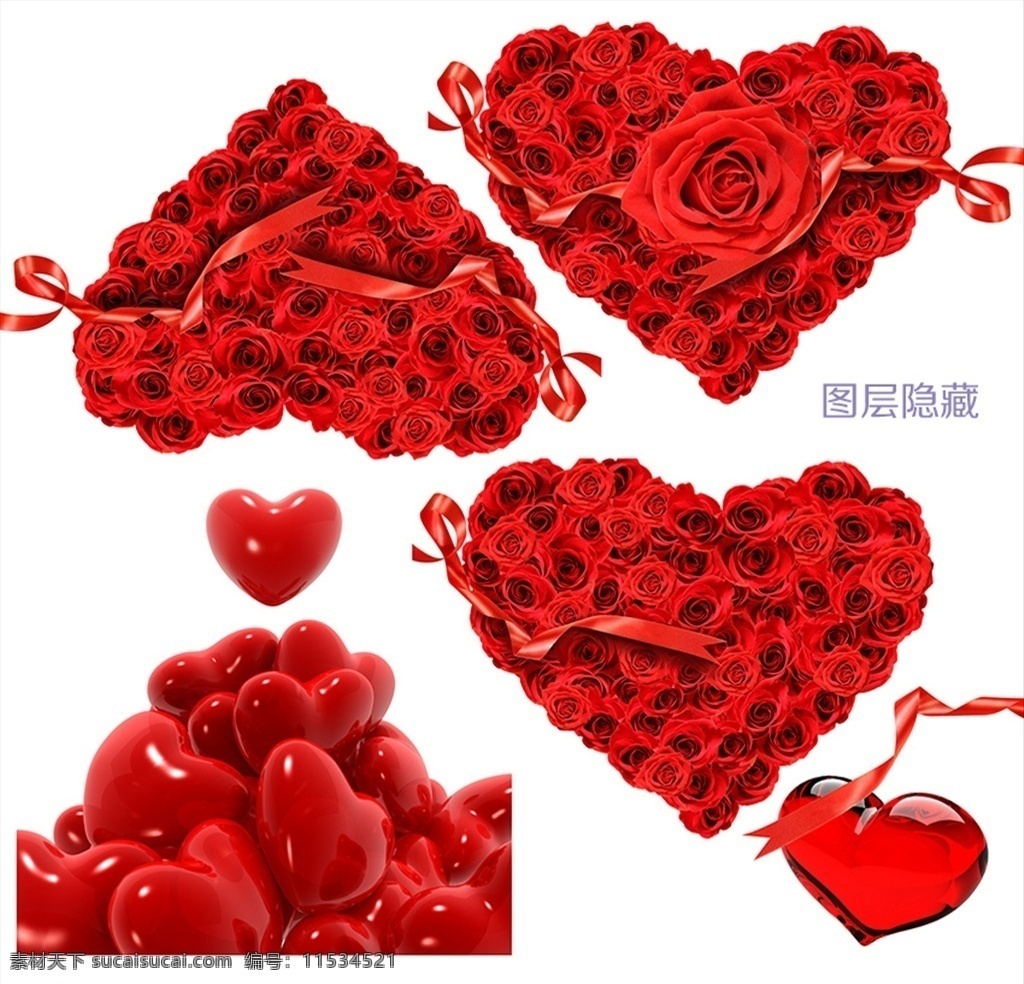 心形素材 立体心形 立体红心 3d 玻璃红心 心形玫瑰花 红色丝带 情人节素材 爱情素材 分层