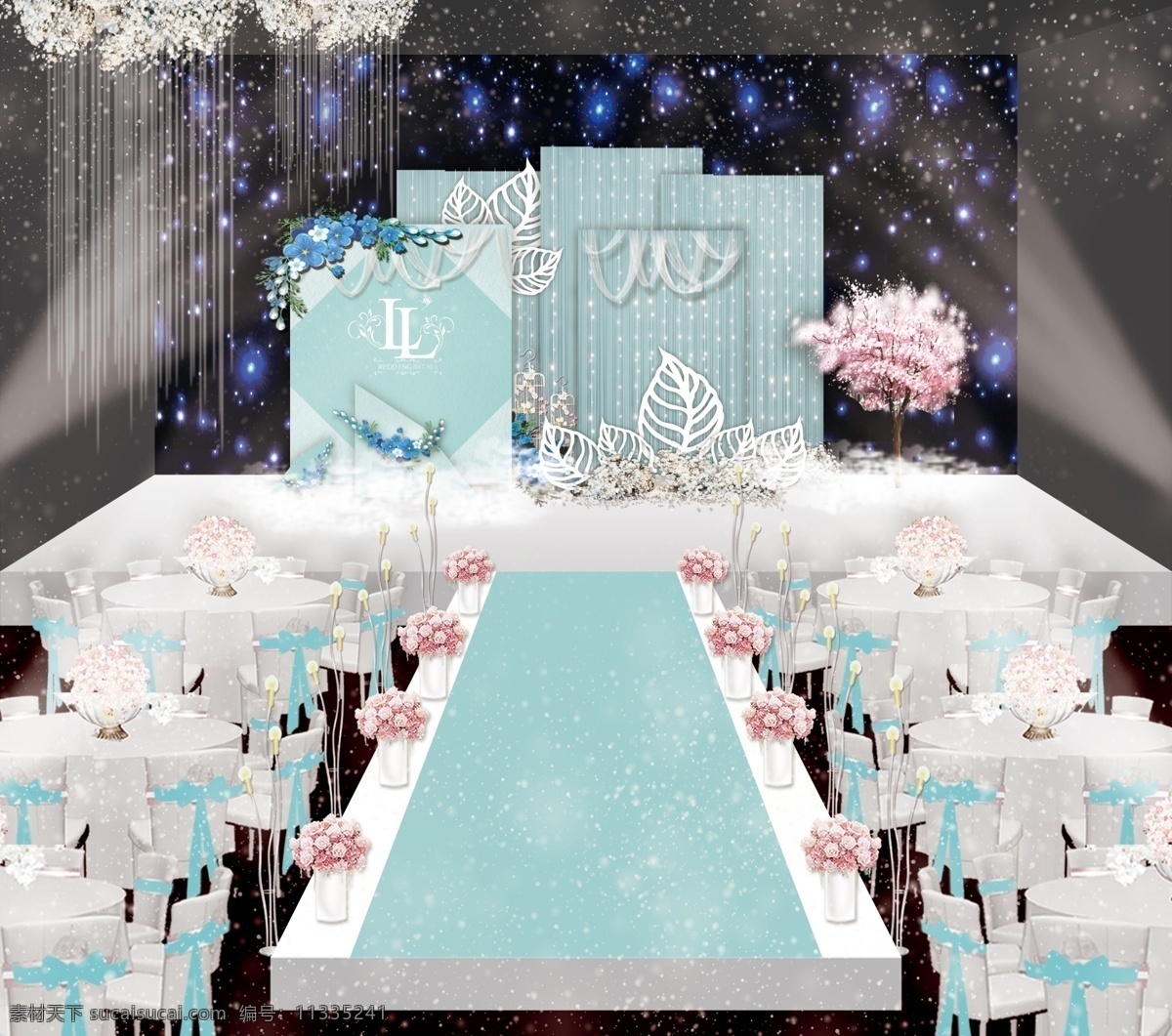 蒂 芙 尼 蓝色 婚礼 舞台 蒂芙尼蓝色 星空背景 花球 樱花树 椅套 龙珠路引