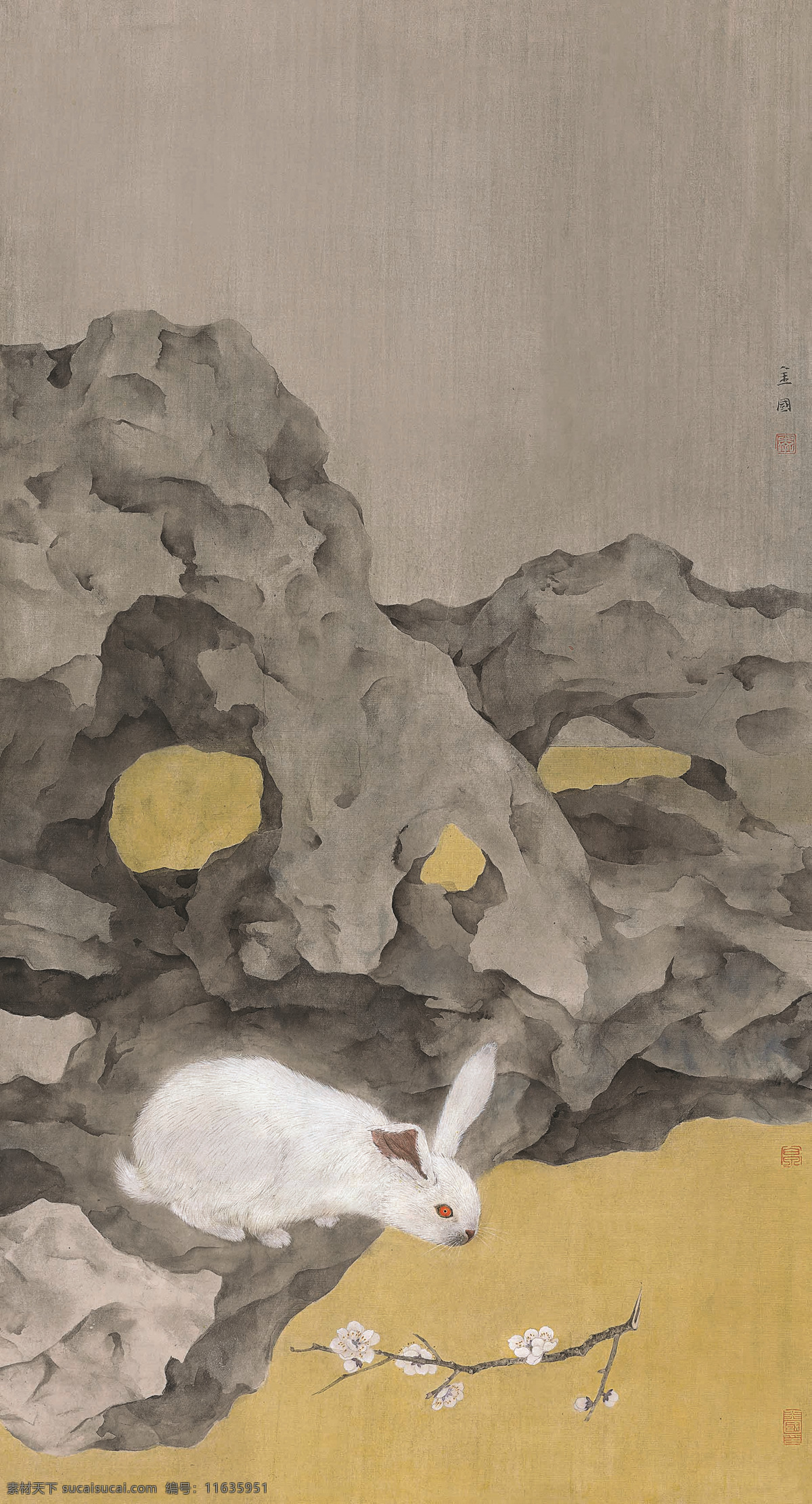 对峙 国画 李金国作品 奇石 小白兔 好奇 盯着 桃花 中国古代画 中国古画 绘画书法 文化艺术