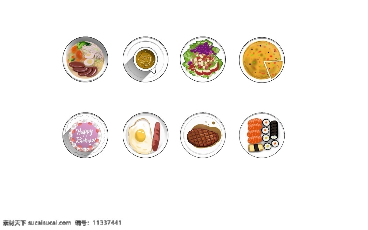 手绘 卡通 风格 吃货 美食 小 图标 拉面 咖啡 沙拉 披萨 蛋糕 荷包蛋 牛排 寿司 icon
