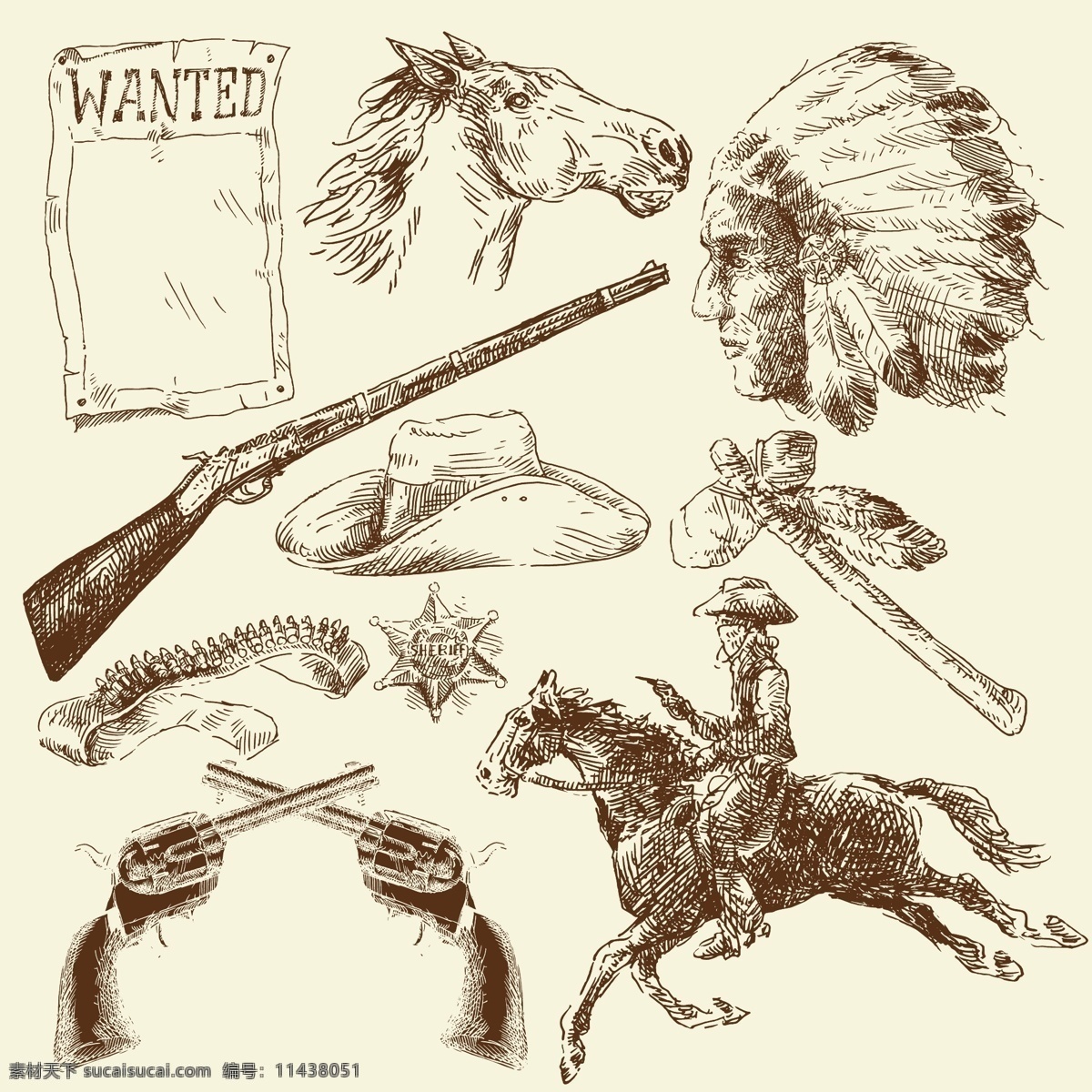 西部牛仔线稿 动物 猎枪 马头 帽子 模板 骑马 设计稿 矢量素材 手绘 手枪 西部牛仔 线稿 马 印第安人 羽毛 素描 猎人 素材元素 源文件 矢量图