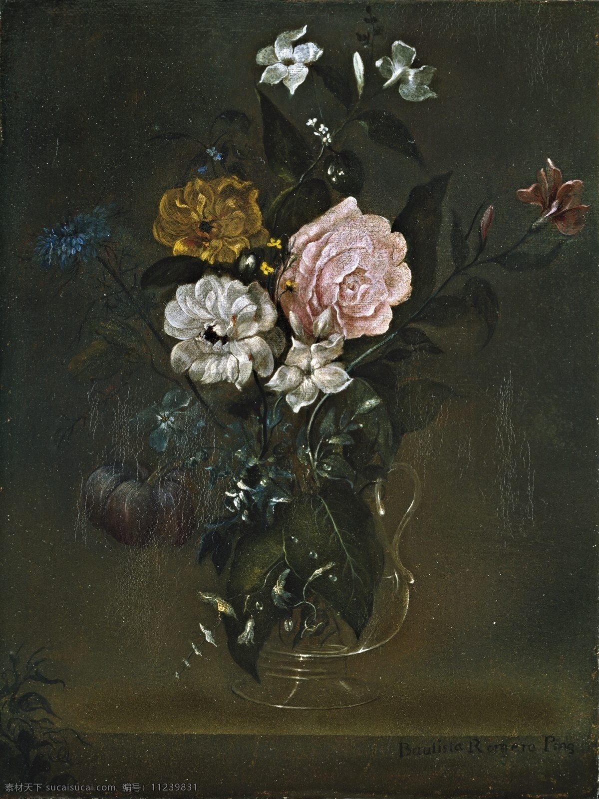 early century of end jazmines y rosas con cristal de florero bautista juan romero 花卉 油画 器皿 静物 印象 画派 写实主义 装饰画 荷花 玫瑰 百合 鲜花 实物 家居装饰素材