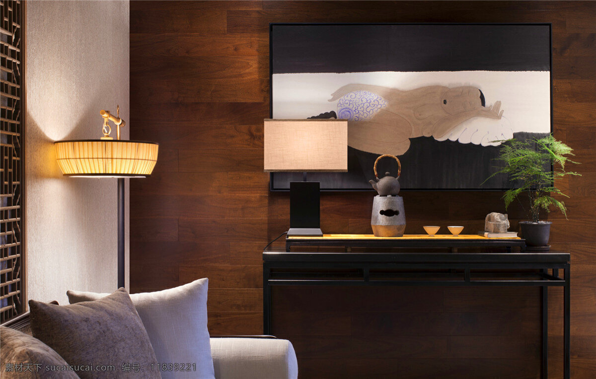 白色灯光 壁画 灰色沙发 客厅 木质墙壁 台灯 简约 置 物 柜 工装 效果图