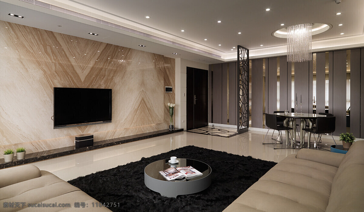 现代 客厅 渐 变色 背景 墙 室内装修 图 客厅装修 黑色地毯 圆形茶几 皮质沙发