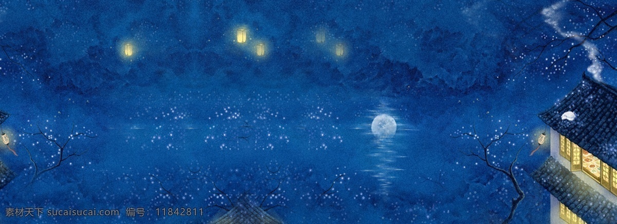 梦幻 仙侠 复古 背景 中国风 文艺 卡通 质感 纹理 蓝色 月夜