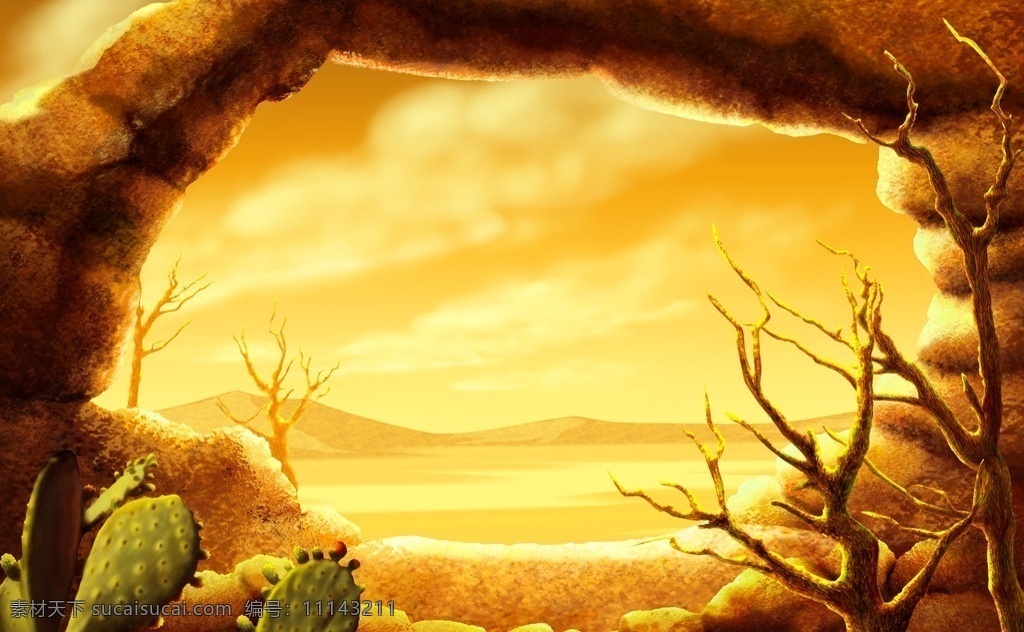 暖色调 浪漫 背景 暖色 黄色调 沙漠 仙人掌 树干 石桥 黄昏 流云 荒芜 环境 背景素材 分层 源文件