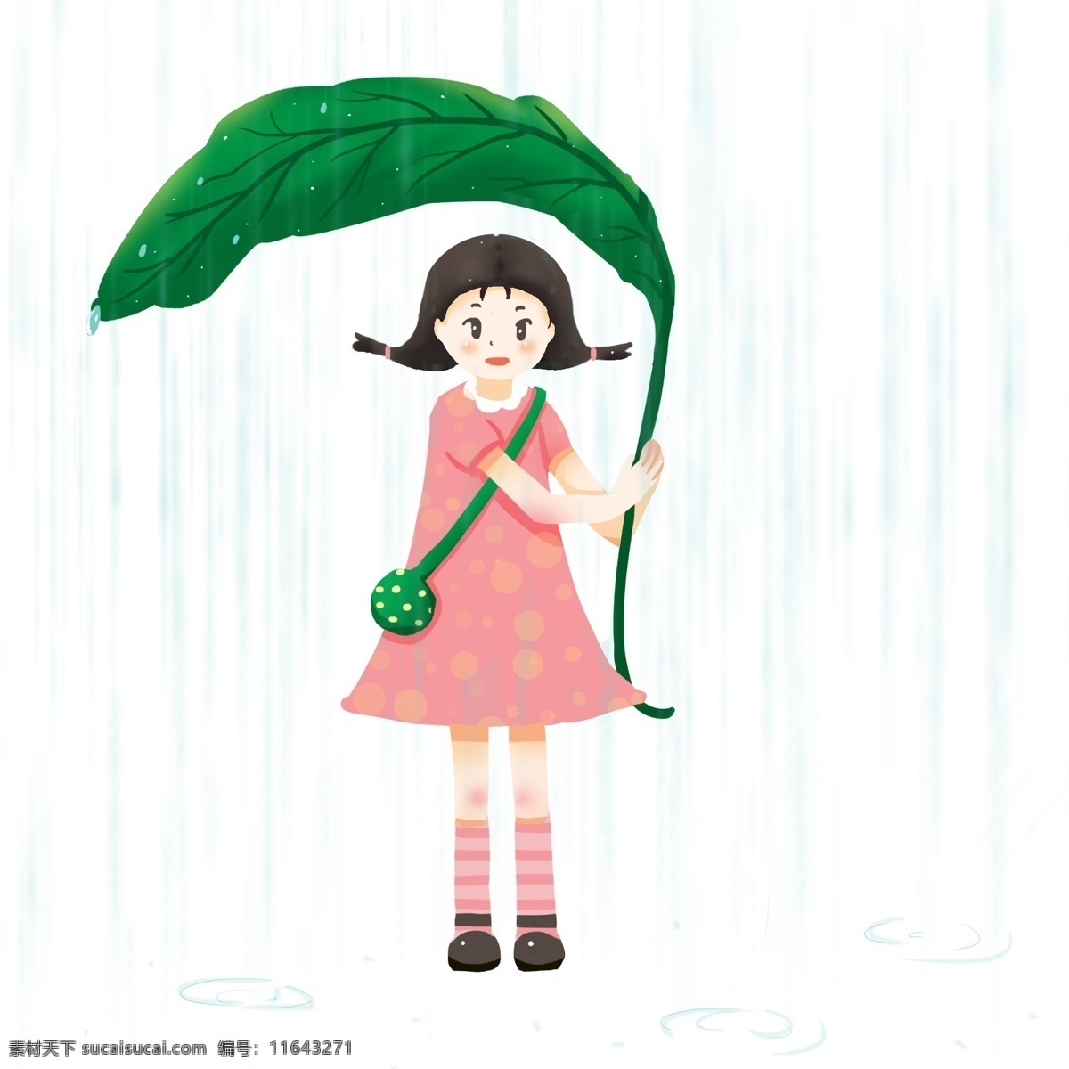 谷雨 叶子 挡 雨 女孩 谷雨人物插画 叶子挡雨女孩 绿色的叶子 下雨天气 漂亮的小女孩 白色的雨滴