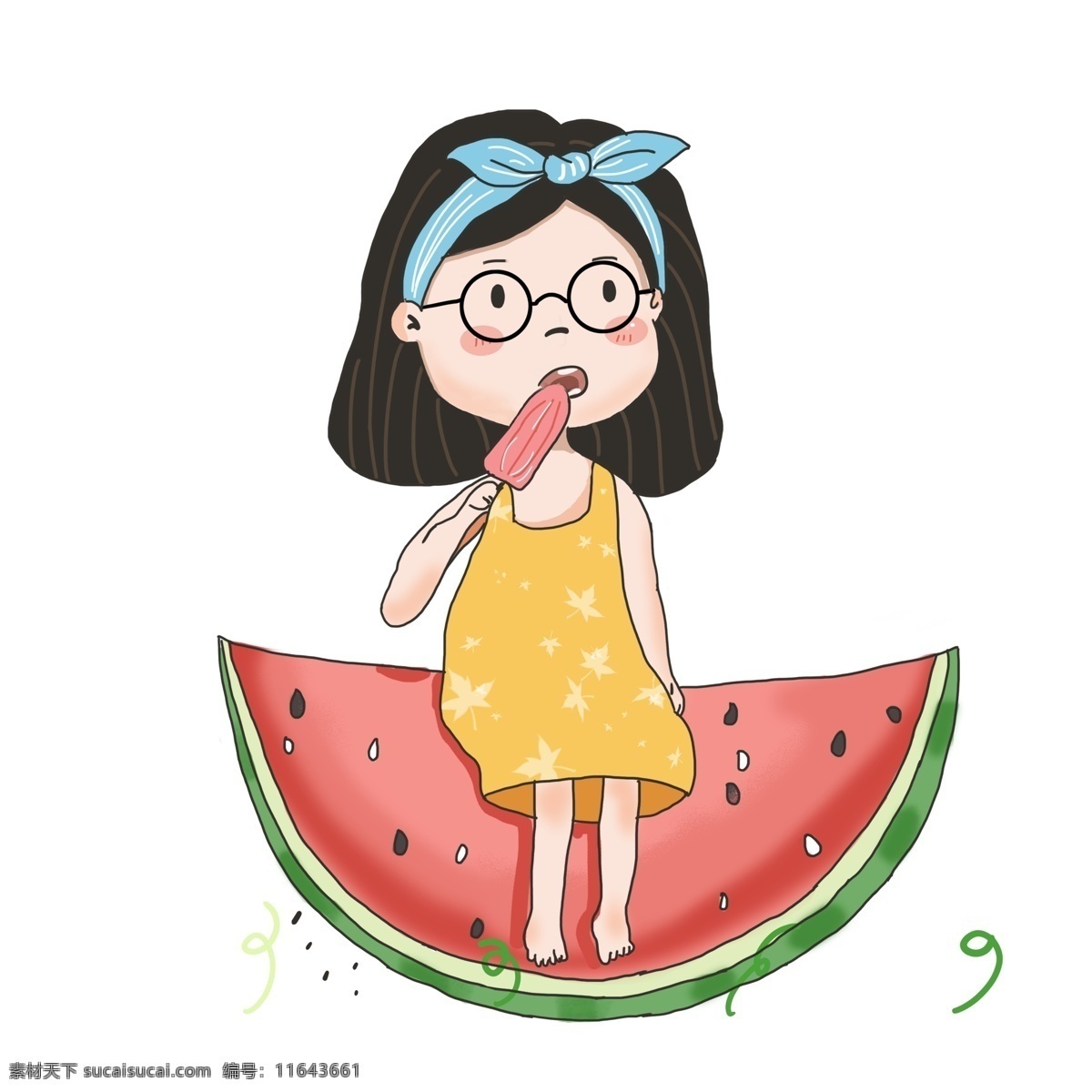 彩绘 可爱 坐在 西瓜 上 吃 女孩 漫画 q版 吃冰棒 插画 人物 手绘