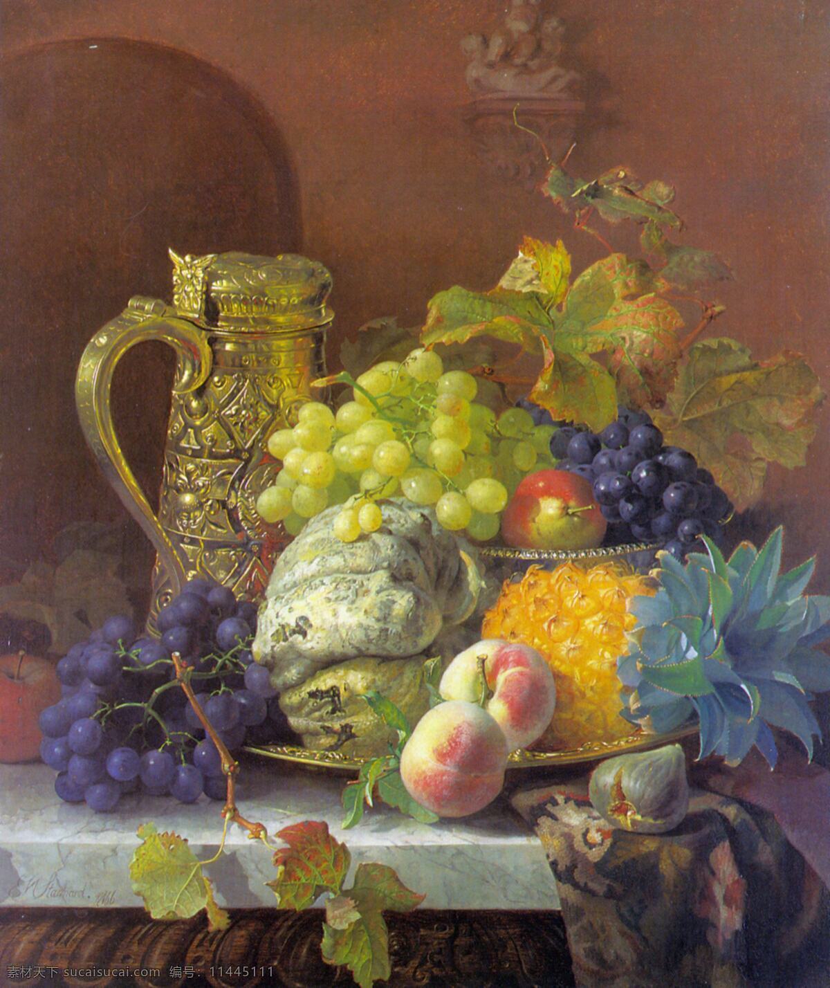 大理石 桌面 上 水果 菠萝 绘画书法 静物 葡萄 世界名画 桃子 文化艺术 西洋油画 装饰素材 大理石素材