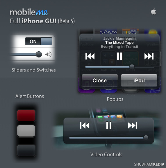 mobileme 全 iphone gui web 按钮 创意 高分辨率 接口 免费 清洁 时尚的 现代的 原始的 质量 新鲜的 设计新的 简单的 hd 元素 用户界面 ui元素 详细的 滑块 视频控制 弹出窗口 应用程序 矢量图