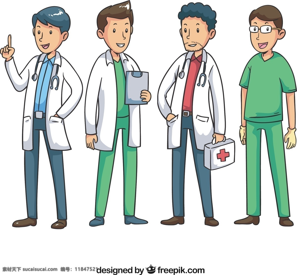 有趣 不同 类型 医生 手 医疗 人 卡通 手绘 健康 科学 微笑 快乐 医院 医学 绘画 白色 实验室 护理 医疗保健