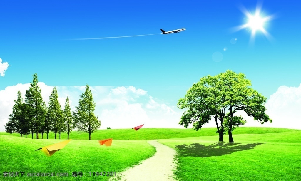 蓝天 白云 花草 树木 小道 光效 飞机 纸飞机 摄影模板 其他模板