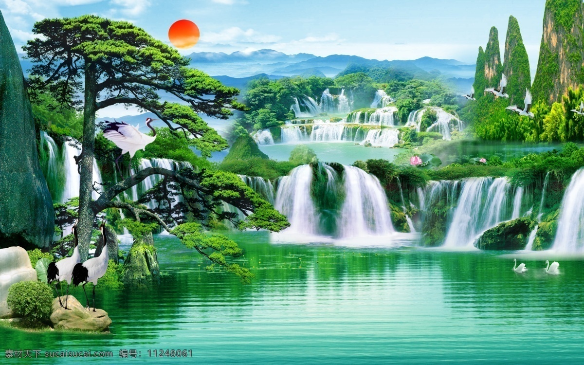 瀑布山水圖 财源广进山水瀑布风景-创图网